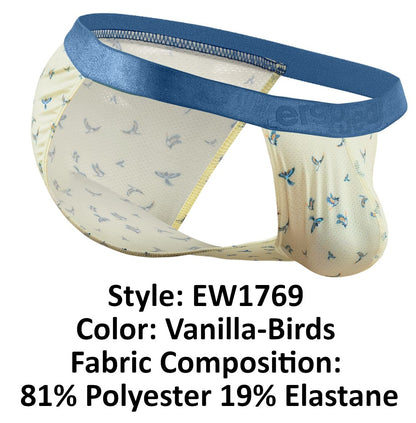 Vanilla color ErgoWear EW1769 SLK SE bikini briefs with blue satin waistband and subtle bird pattern made of polyester elastane