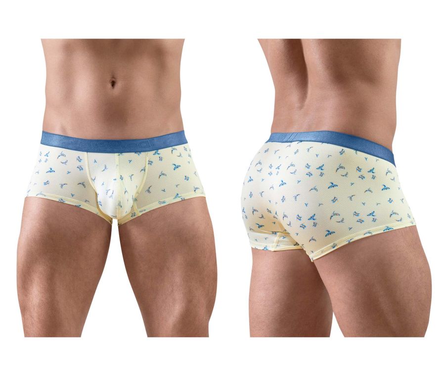 Ergowear ew1770 slk se cream boxer briefs with subtle blue bird pattern and solid blue waistband in front view
