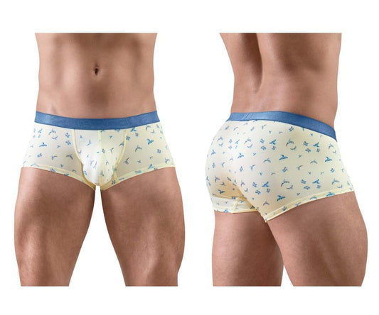 Ergowear ew1770 slk se cream boxer briefs with subtle blue bird pattern and solid blue waistband in front view