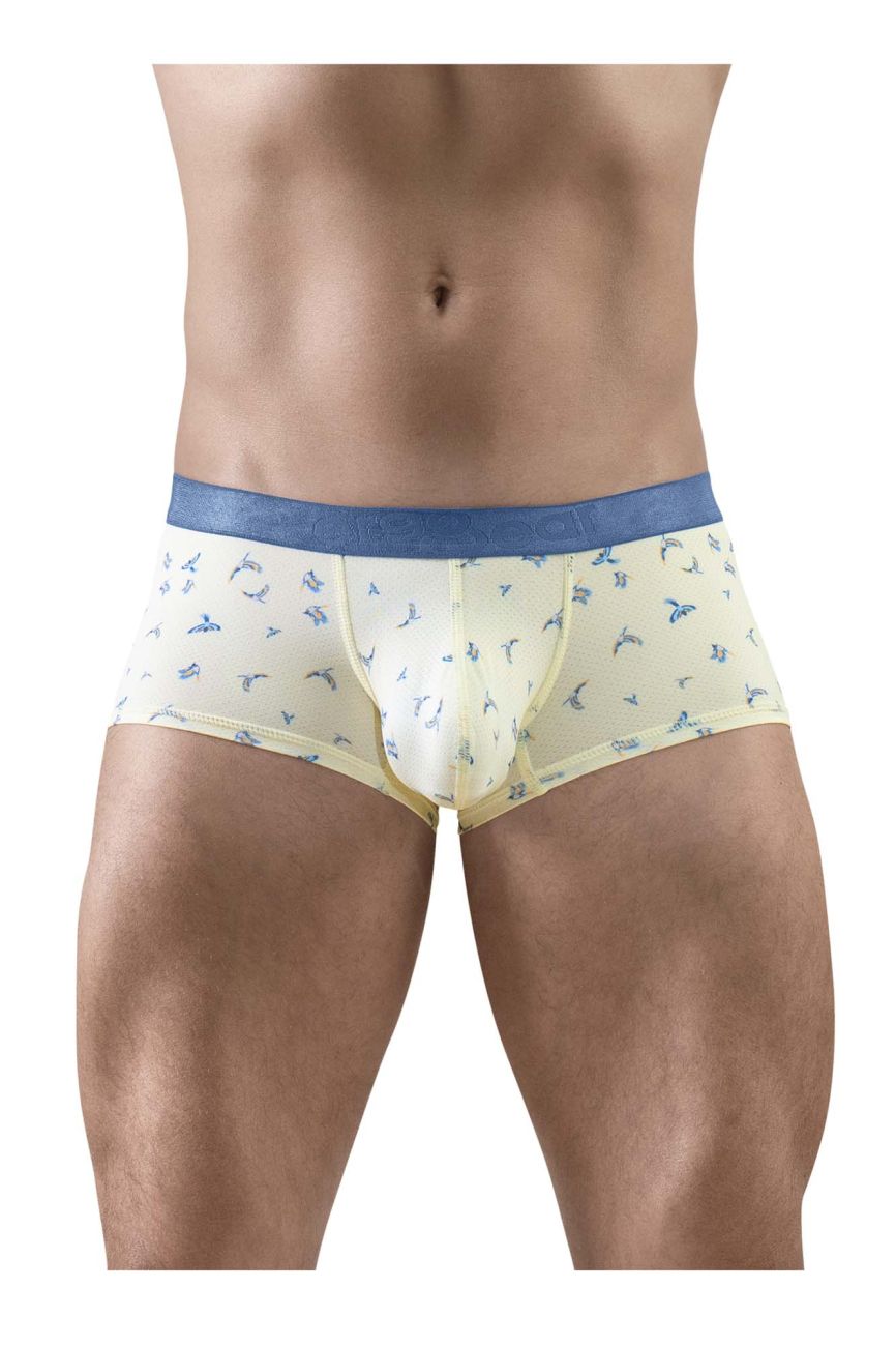 Vanilla color ergo wear ew1770 slk se trunks with blue waistband and small bird patterns on light yellow boxer briefs