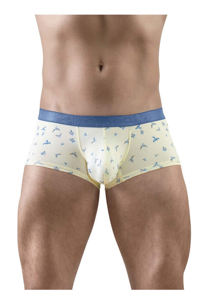Vanilla color ergo wear ew1770 slk se trunks with blue waistband and small bird patterns on light yellow boxer briefs