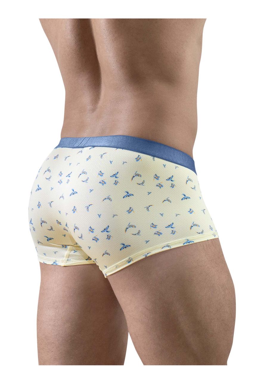 Ergowear ew1770 slk se trunks in vanilla with cream briefs featuring a subtle blue bird pattern and solid blue waistband