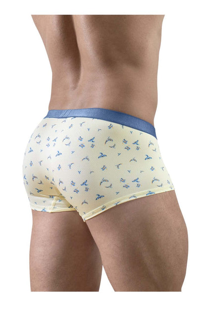 Ergowear ew1770 slk se trunks in vanilla with cream briefs featuring a subtle blue bird pattern and solid blue waistband