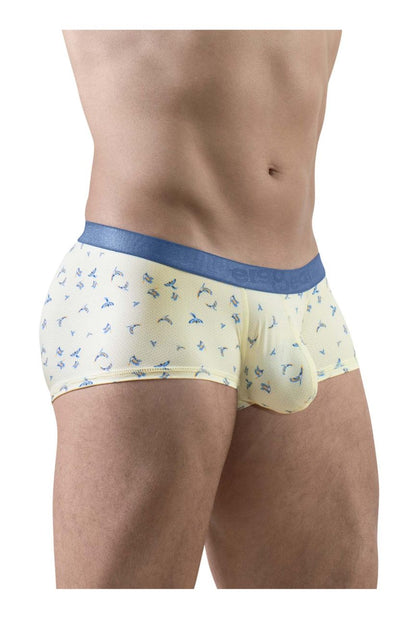 Ergo wear ew1770 slk se trunks in vanilla color featuring cream briefs with blue bird pattern and solid blue waistband