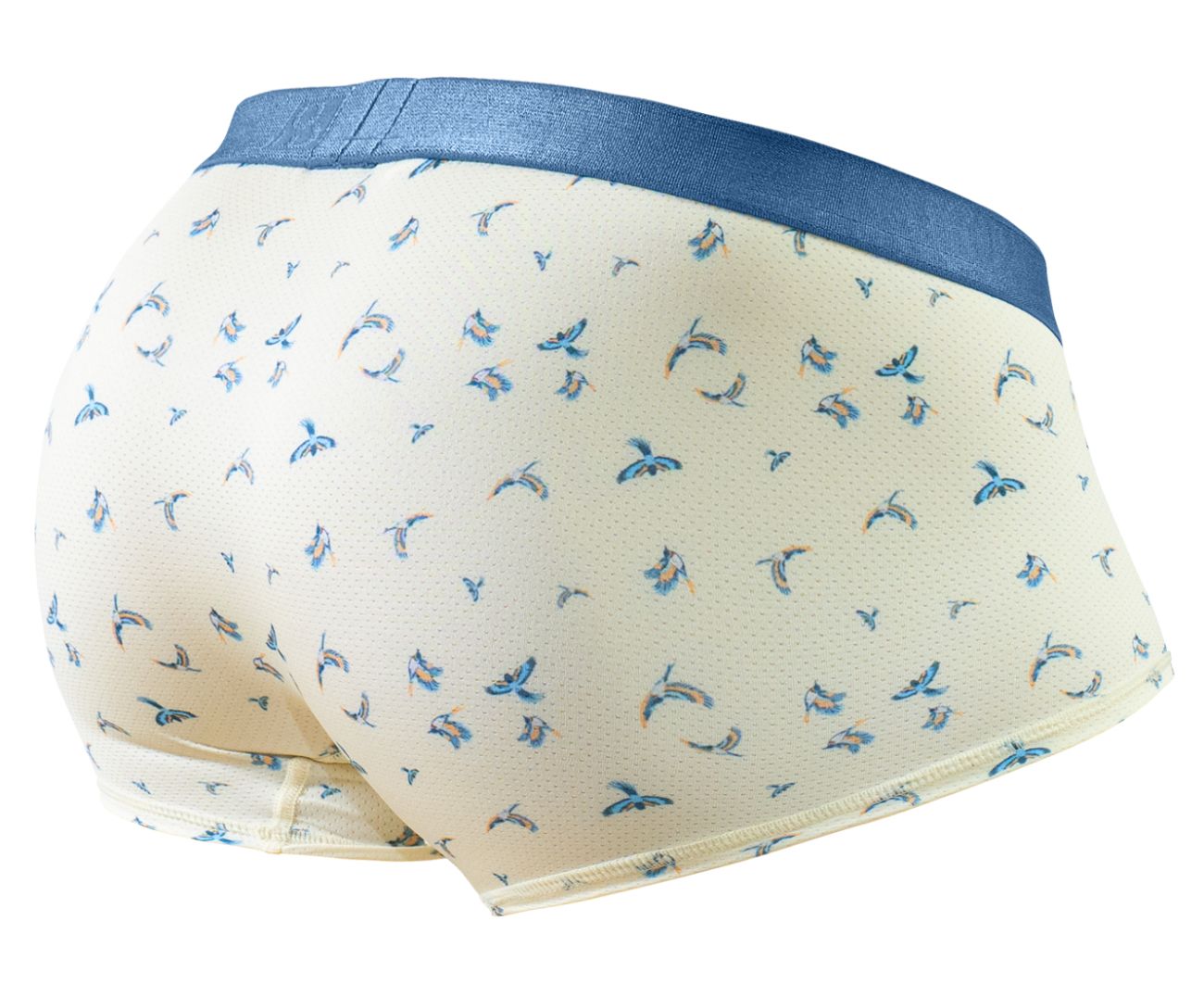 Cream-colored ErgoWear EW1770 SLK SE trunks with blue bird pattern and solid navy waistband in vanilla-birds color