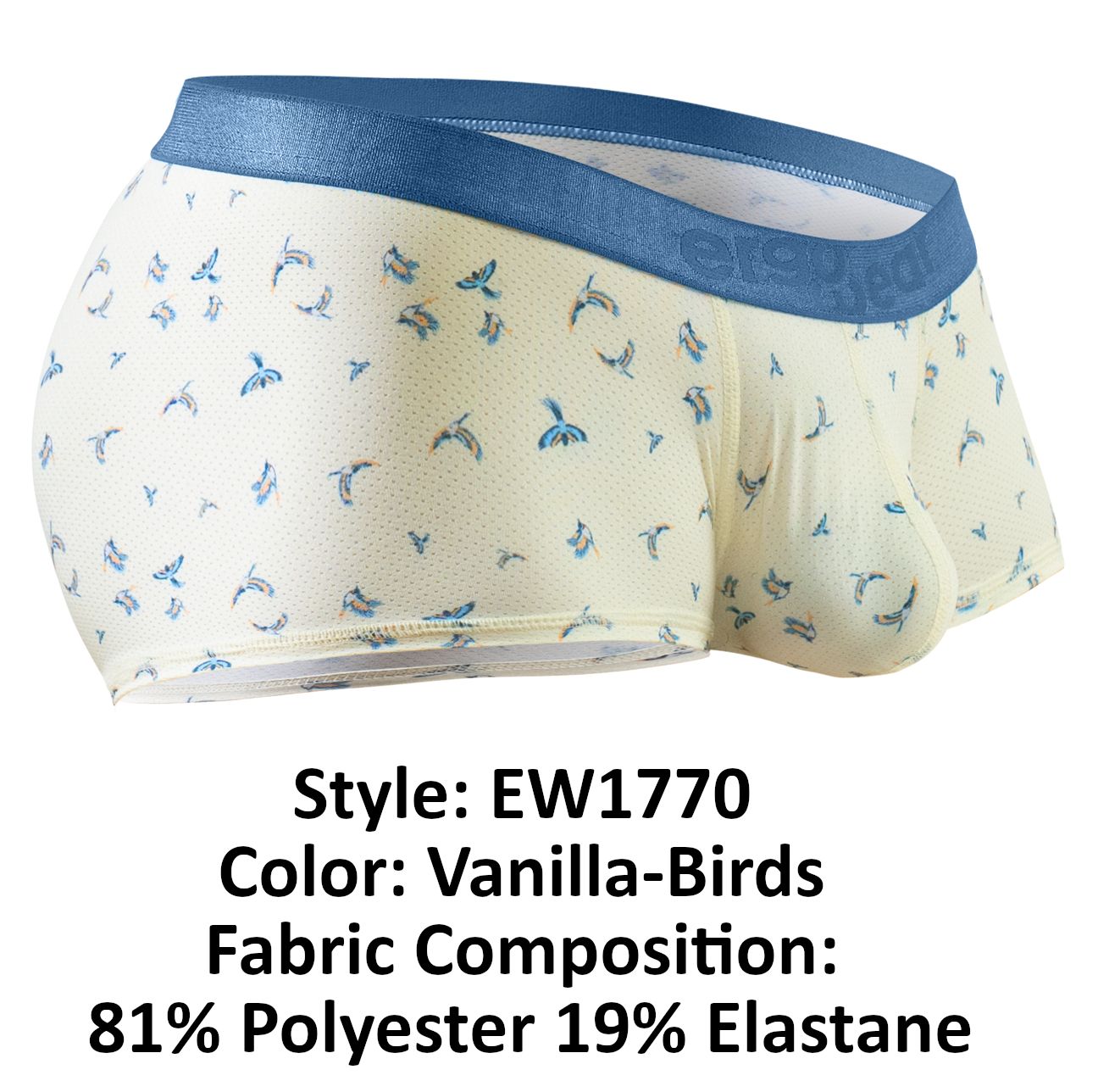 ErgoWear Ew1770 Slk Se trunks in cream color with blue bird pattern and navy elastic waistband for comfortable fit