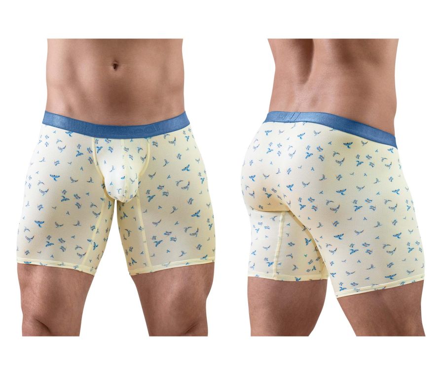 Cream-colored ergoWear ew1771 slk se boxer briefs with subtle blue bird pattern and solid blue waistband in vanilla color