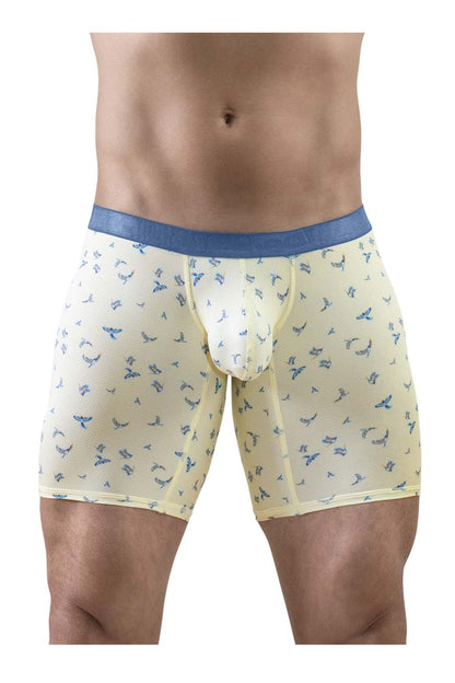 Cream-colored ergoWear ew1771 SLK SE boxer briefs with blue waistband and blue bird pattern in vanilla color