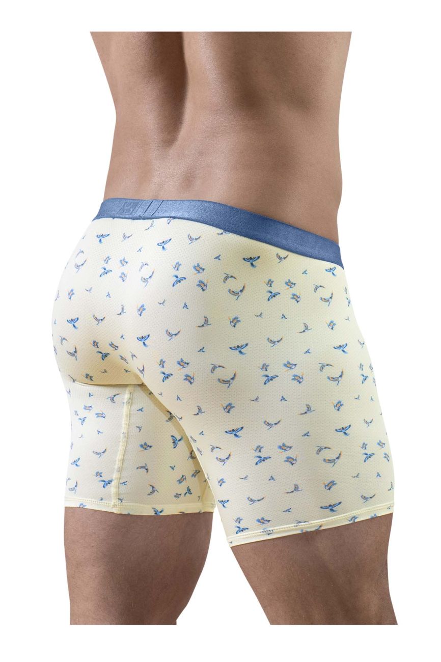 Cream-colored ergoWear EW1771 SLK SE boxer briefs with blue butterfly pattern and solid blue waistband in vanilla-birds color