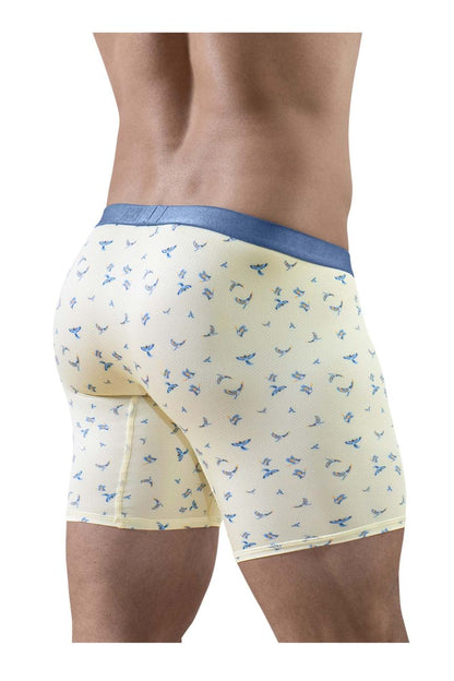 Cream-colored ergoWear EW1771 SLK SE boxer briefs with blue butterfly pattern and solid blue waistband in vanilla-birds color