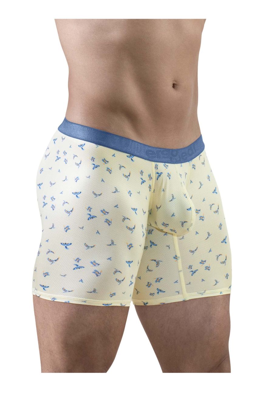 Ergowear ew1771 slk se cream boxer briefs with subtle blue bird pattern and solid blue waistband in vanilla color
