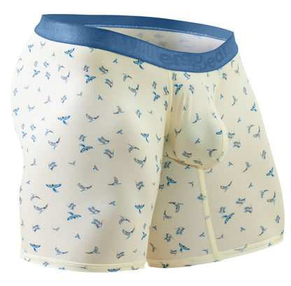 Cream-colored ergoWear ew1771 SLK SE boxer briefs with a subtle blue bird pattern and navy elastic waistband