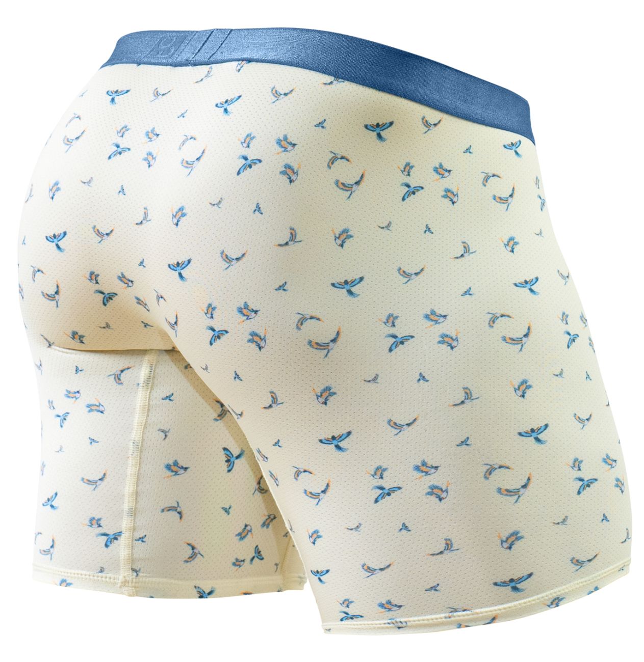 Cream-colored ergoWear EW1771 SLK SE boxer briefs with subtle blue bird pattern and solid navy waistband