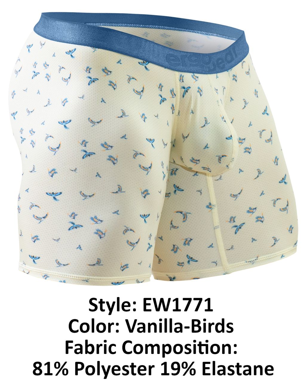 Ergowear ew1771 slk se cream-colored boxer briefs with subtle blue bird pattern and solid blue elastic waistband