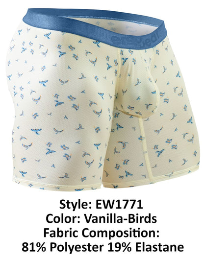Ergowear ew1771 slk se cream-colored boxer briefs with subtle blue bird pattern and solid blue elastic waistband