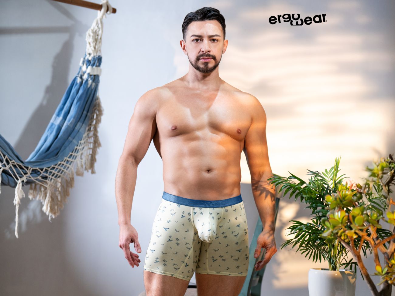 Beige ergowear boxer briefs with subtle bird pattern and solid blue waistband model ew1771 slk se in vanilla birds color