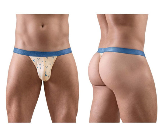 Beige ergo wear ew1772 slk se g-string with blue trim and subtle bird pattern featuring smooth elastic waistband