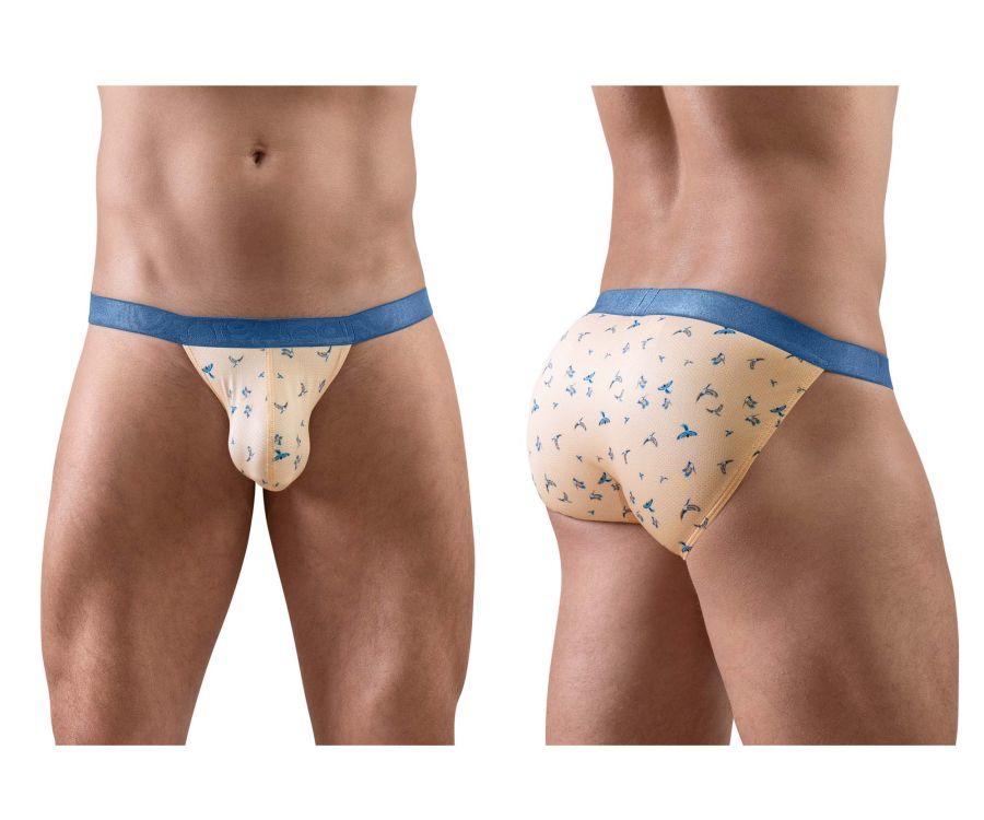 Beige and blue patterned men’s briefs with a subtle bird design from ergowear ew1773 slk se bikini peach-birds collection