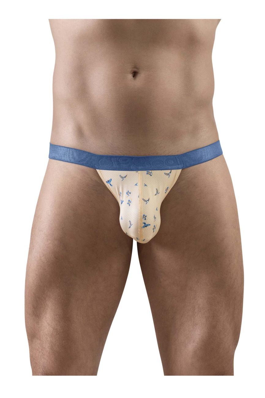 Beige and blue patterned men’s briefs with solid blue waistband from ergowear ew1773 slk se bikini color peach-birds