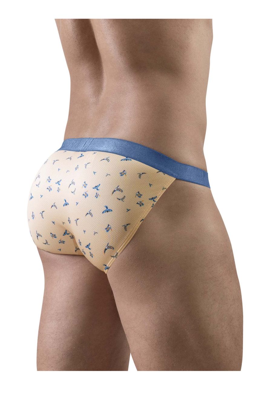 Beige bikini briefs with blue trim and small bird pattern from ergowear ew1773 slk se in peach-birds color