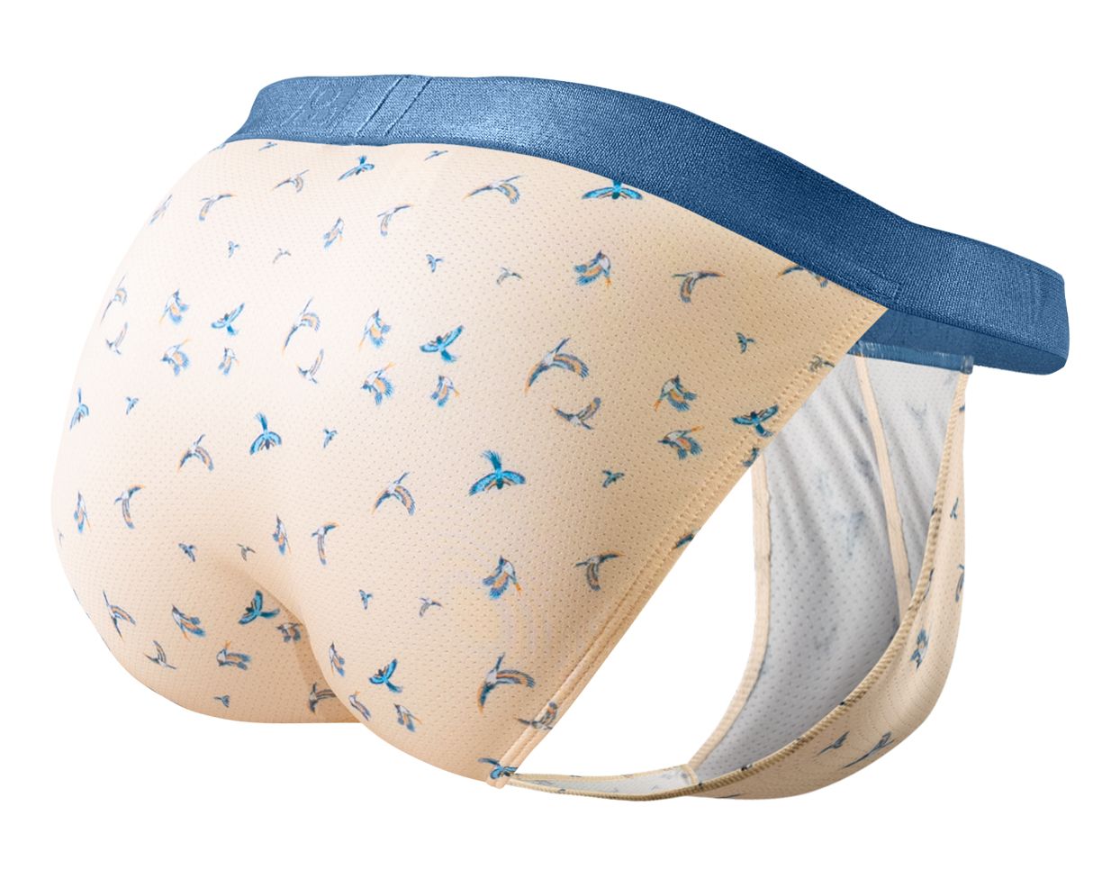 Beige ErgoWear EW1773 SLK SE bikini briefs with blue bird pattern and solid navy waistband in peach-birds color
