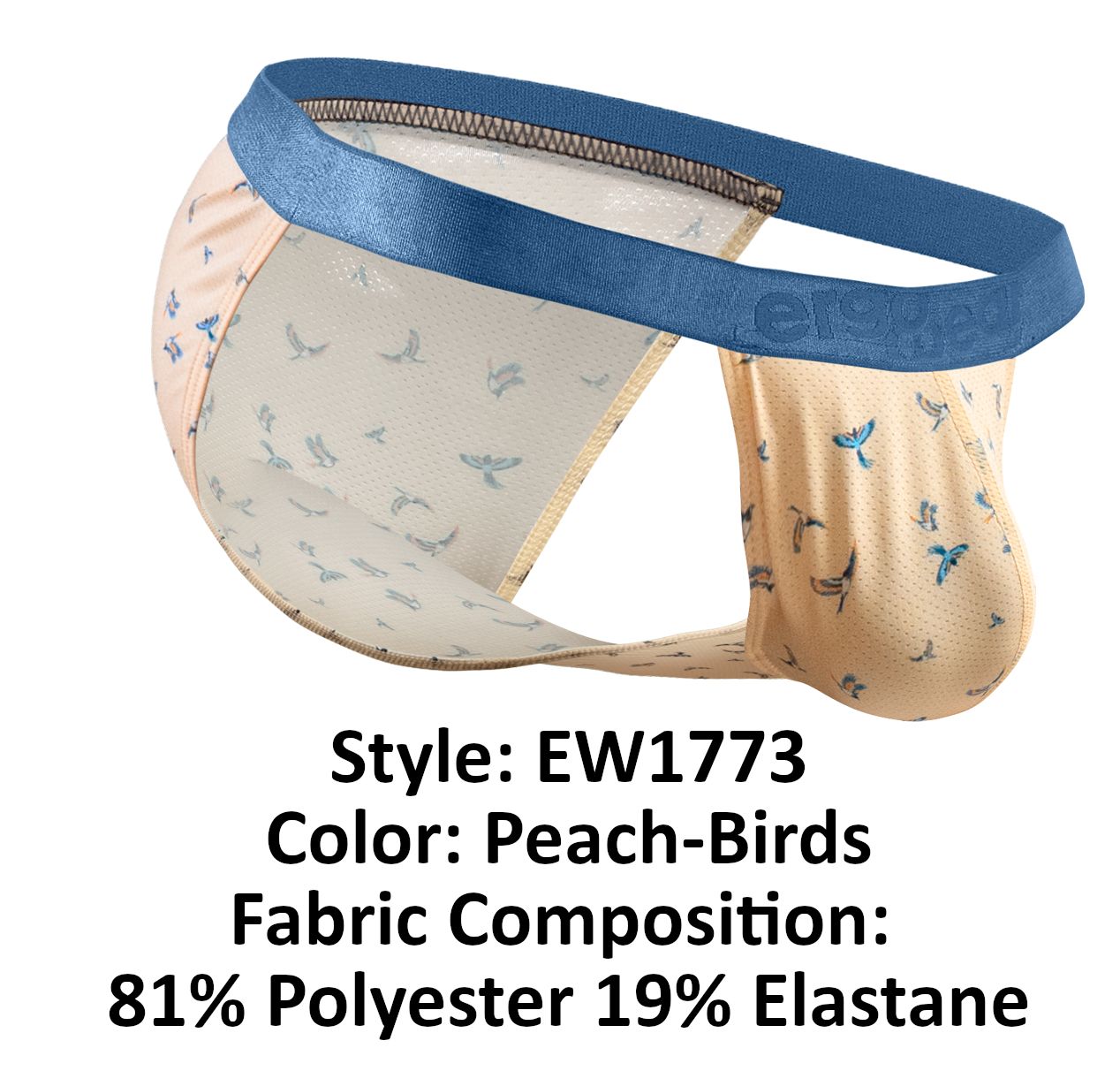 Peach-colored ergo wear ew1773 slk se bikini briefs with subtle bird pattern and blue satin waistband