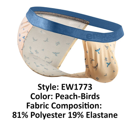 Peach-colored ergo wear ew1773 slk se bikini briefs with subtle bird pattern and blue satin waistband