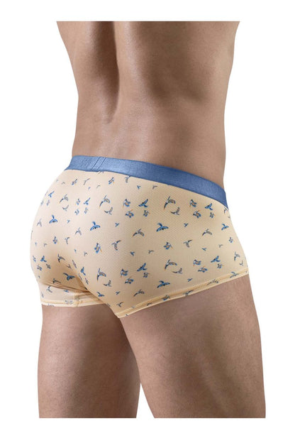 Beige ergoWear ew1774 slk se trunks with blue bird pattern and solid blue waistband in peach-birds color