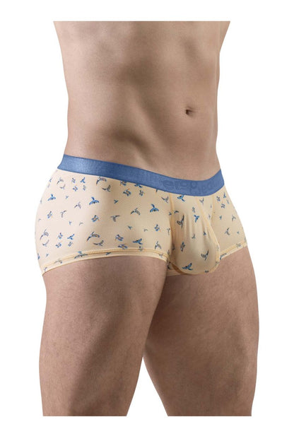 Beige ergoWear ew1774 slk se trunks with blue elastic waistband and peach color bird patterns on soft fabric