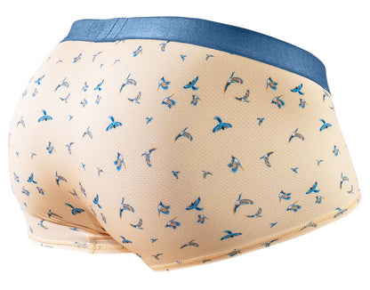 Beige ergoWear ew1774 slk se trunks with blue bird pattern and solid navy waistband in peach-birds color