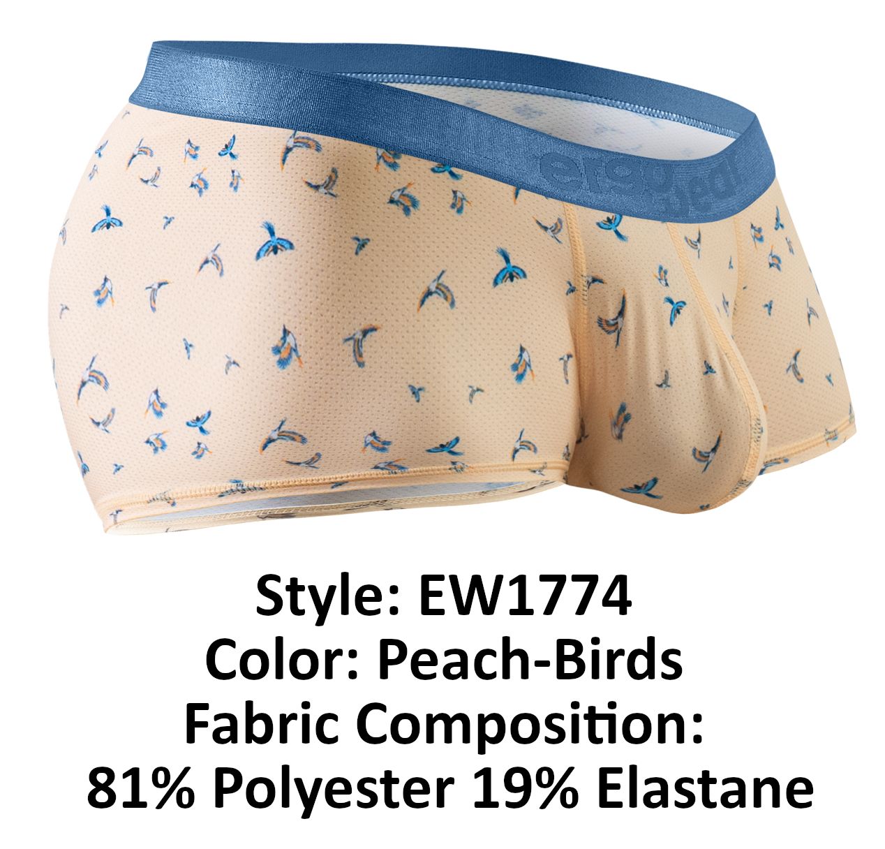 ErgoWear ew1774 slk se trunks in peach with blue bird pattern and solid blue waistband for comfortable fit