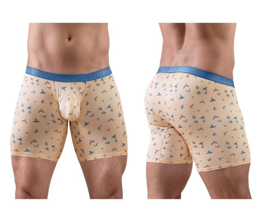 Beige ergoWear ew1775 slk se boxer briefs with blue elastic waistband and small blue bird pattern in peach color