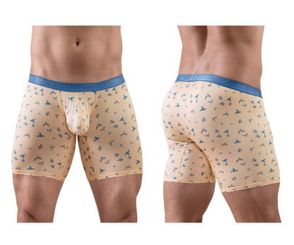Beige ergoWear ew1775 slk se boxer briefs with blue elastic waistband and small blue bird pattern in peach color