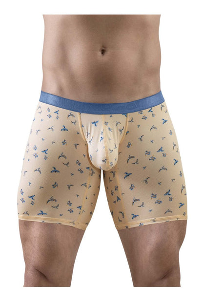 Beige ergo wear ew1775 slk se boxer briefs with blue elastic waistband and small blue bird patterns in peach color