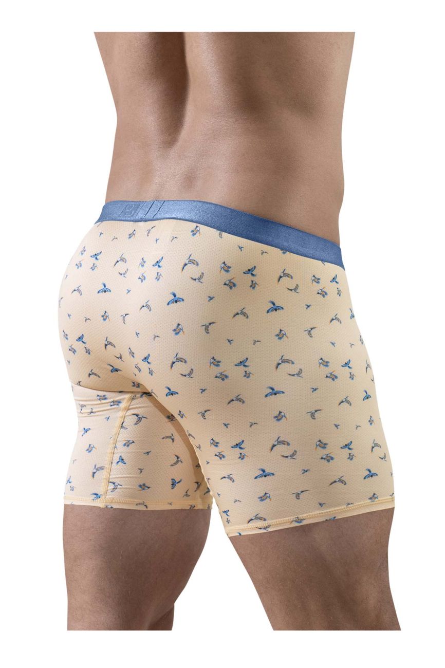 Beige ergoWear ew1775 slk se boxer briefs with blue elastic waistband and bird pattern in shades of blue