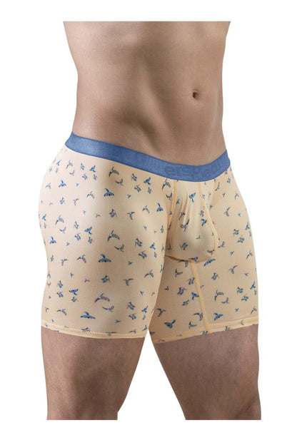 Beige ergoWear ew1775 slk se boxer briefs with blue elastic waistband and subtle blue bird pattern in peach color