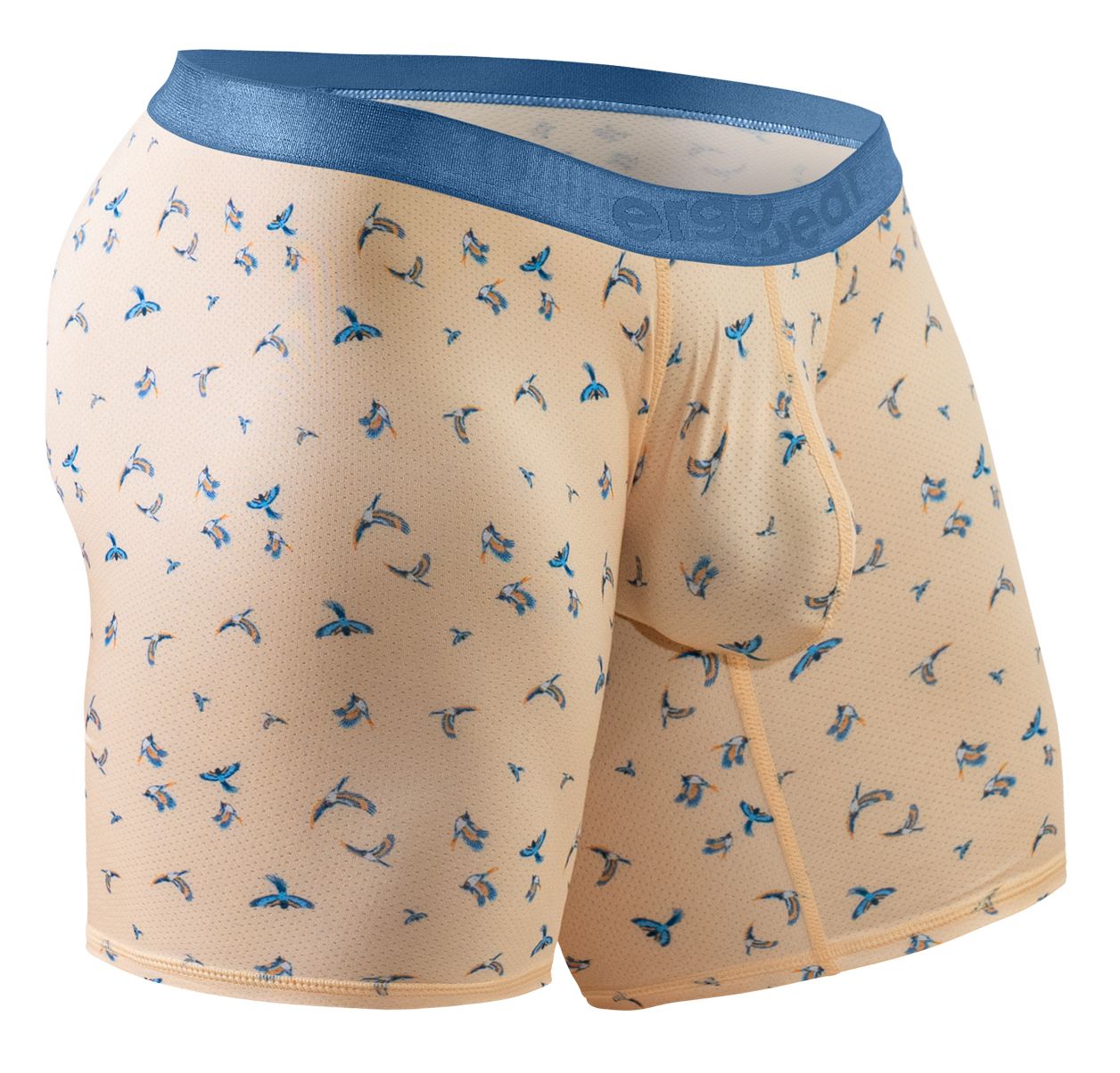 Beige ergoWear boxer briefs with blue bird pattern and solid blue waistband ergonomic peach color design