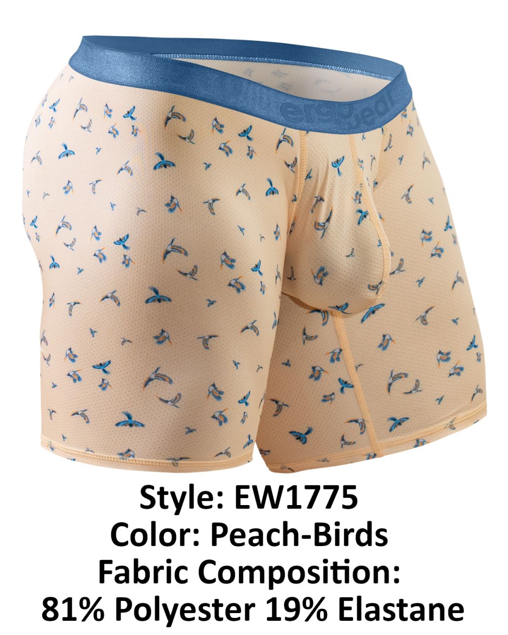 Ergowear ew1775 slk se peach boxer briefs with blue bird pattern and matching blue elastic waistband front view