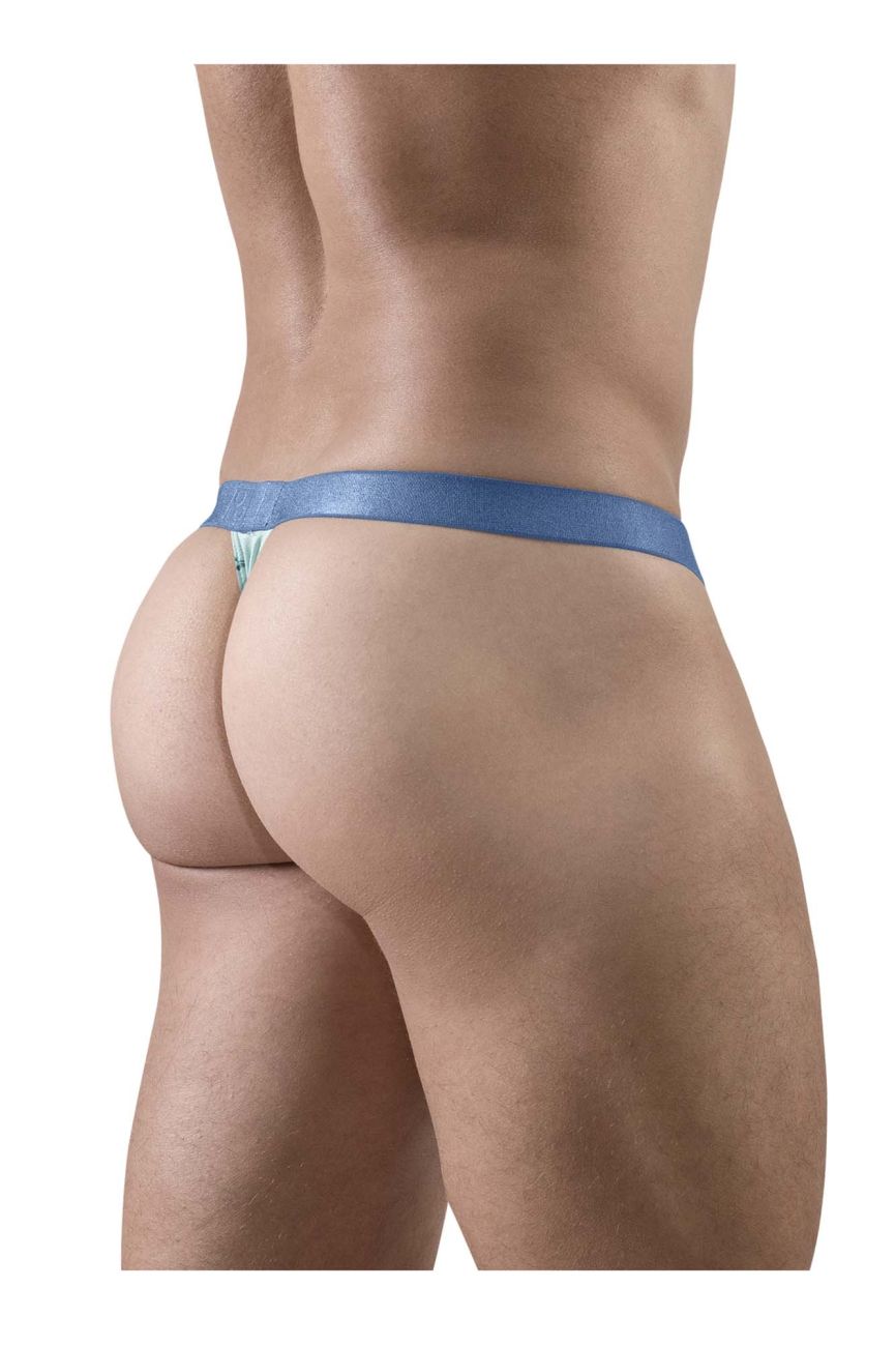 Blue thong g-string ergoWear EW1776 SLK SE frost-birds with smooth satin waistband and light green patterned fabric