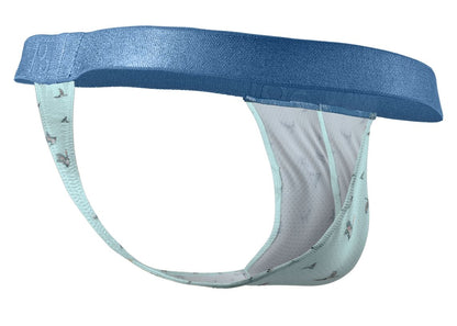 Light blue and white patterned men’s jockstrap with solid navy waistband ergo wear ew1776 slk se g-string frost-birds