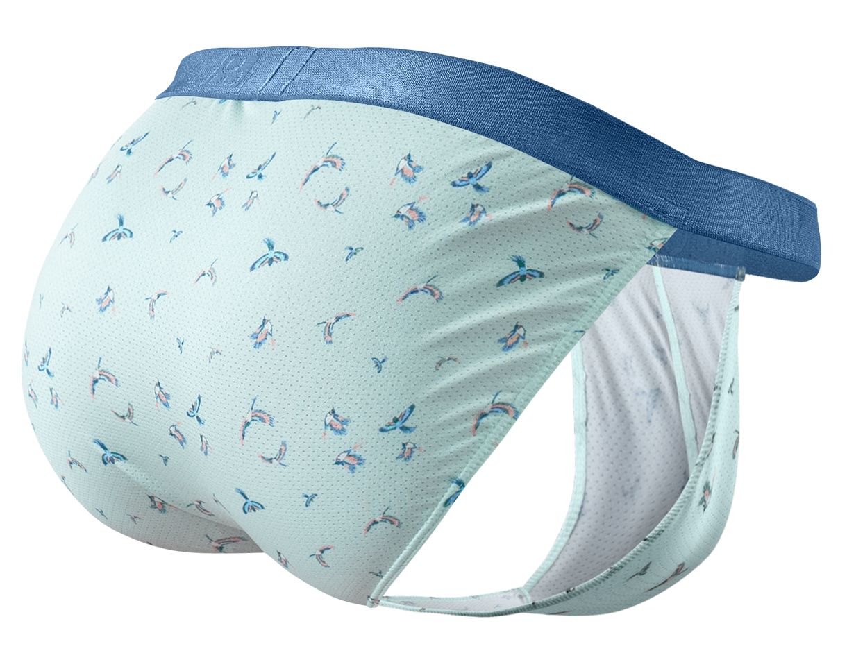 Light blue ergo wear ew1777 slk se bikini briefs with colorful bird pattern and navy elastic waistband