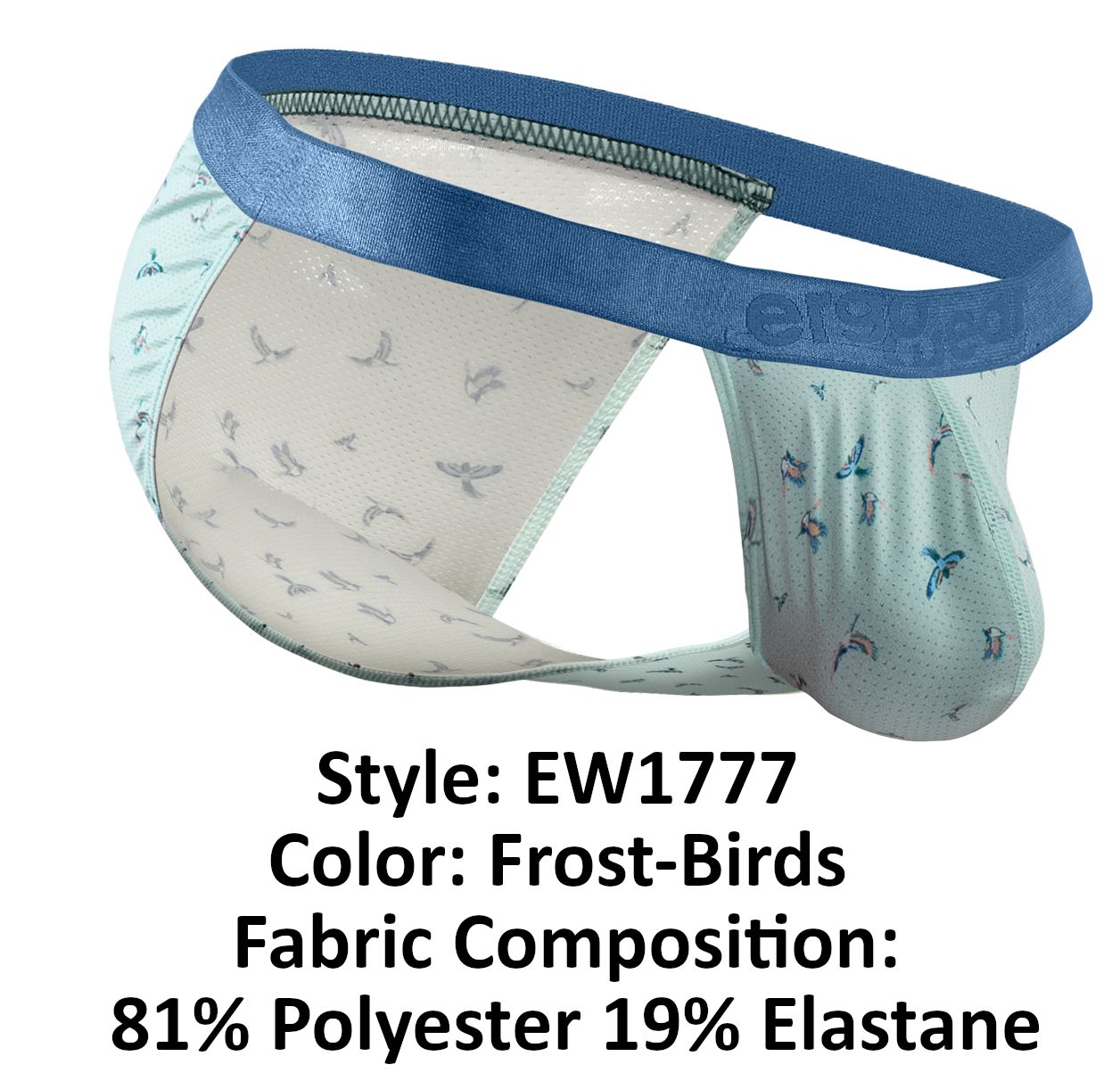 Light blue and white patterned men’s briefs with satin-like waistband and bird motifs ergoWear ew1777 slk se bikini frost-birds