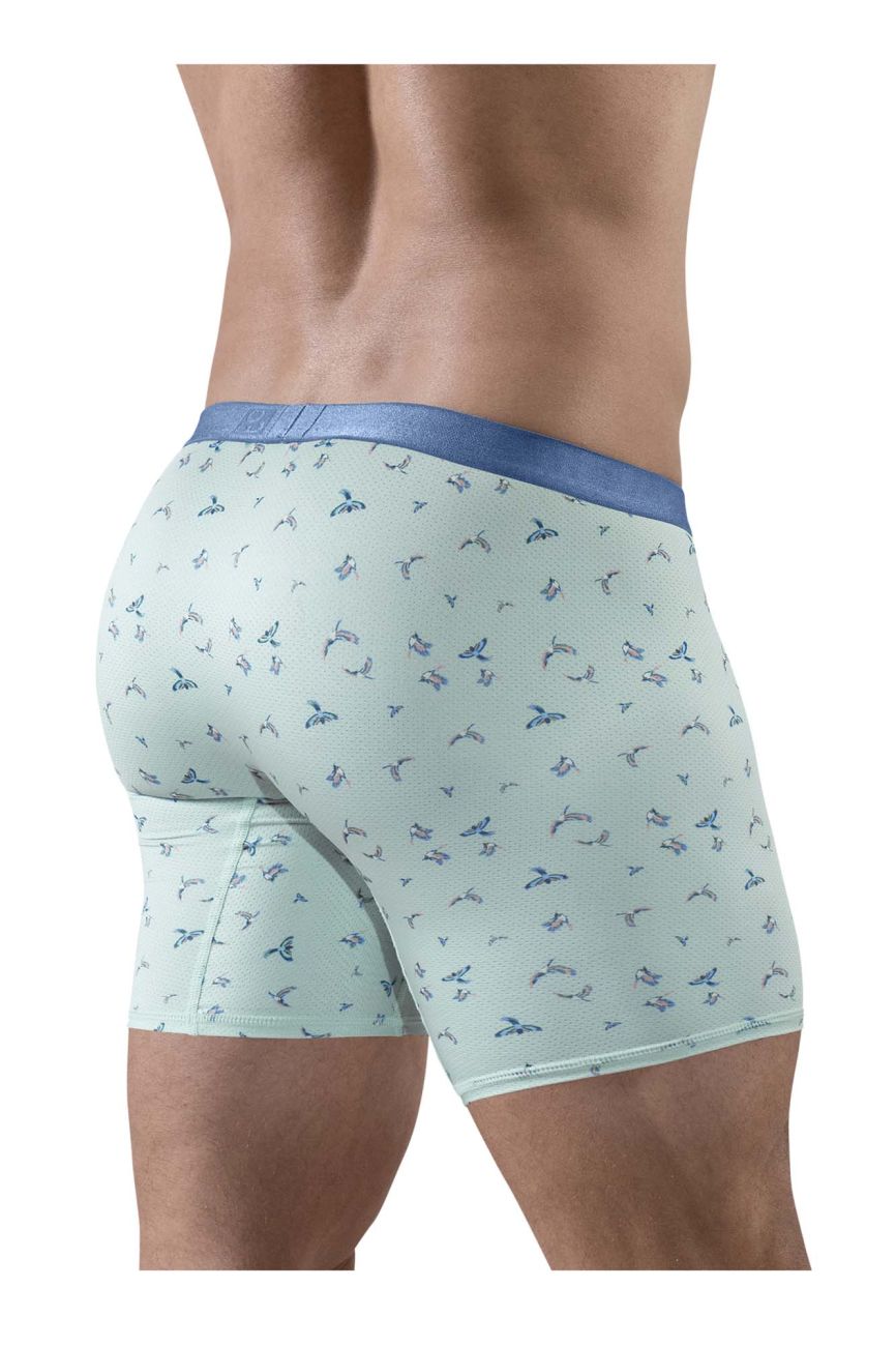 Light green ergoWear ew1779 slk se boxer briefs with blue bird pattern and solid blue waistband for comfort