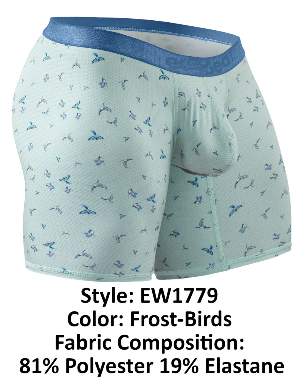 Light blue ergowear ew1779 slk se boxer briefs with subtle darker blue and gray stylized bird pattern