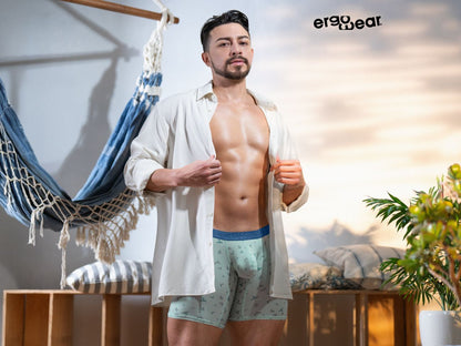 ErgoWear ew1779 slk se boxer briefs in light green frost-birds pattern with blue waistband made from soft fabric