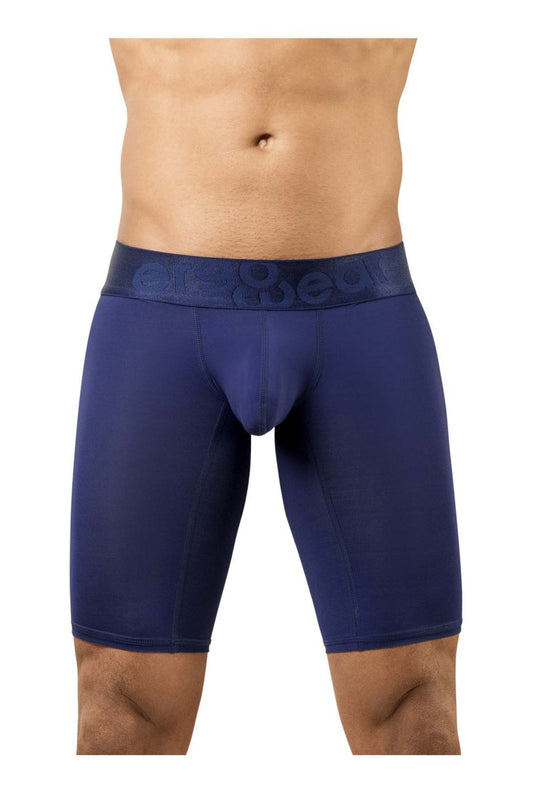 Navy blue men’s boxer briefs with matching cage embossed waistband from ergowear ew1781 max bold athletic shorts collection