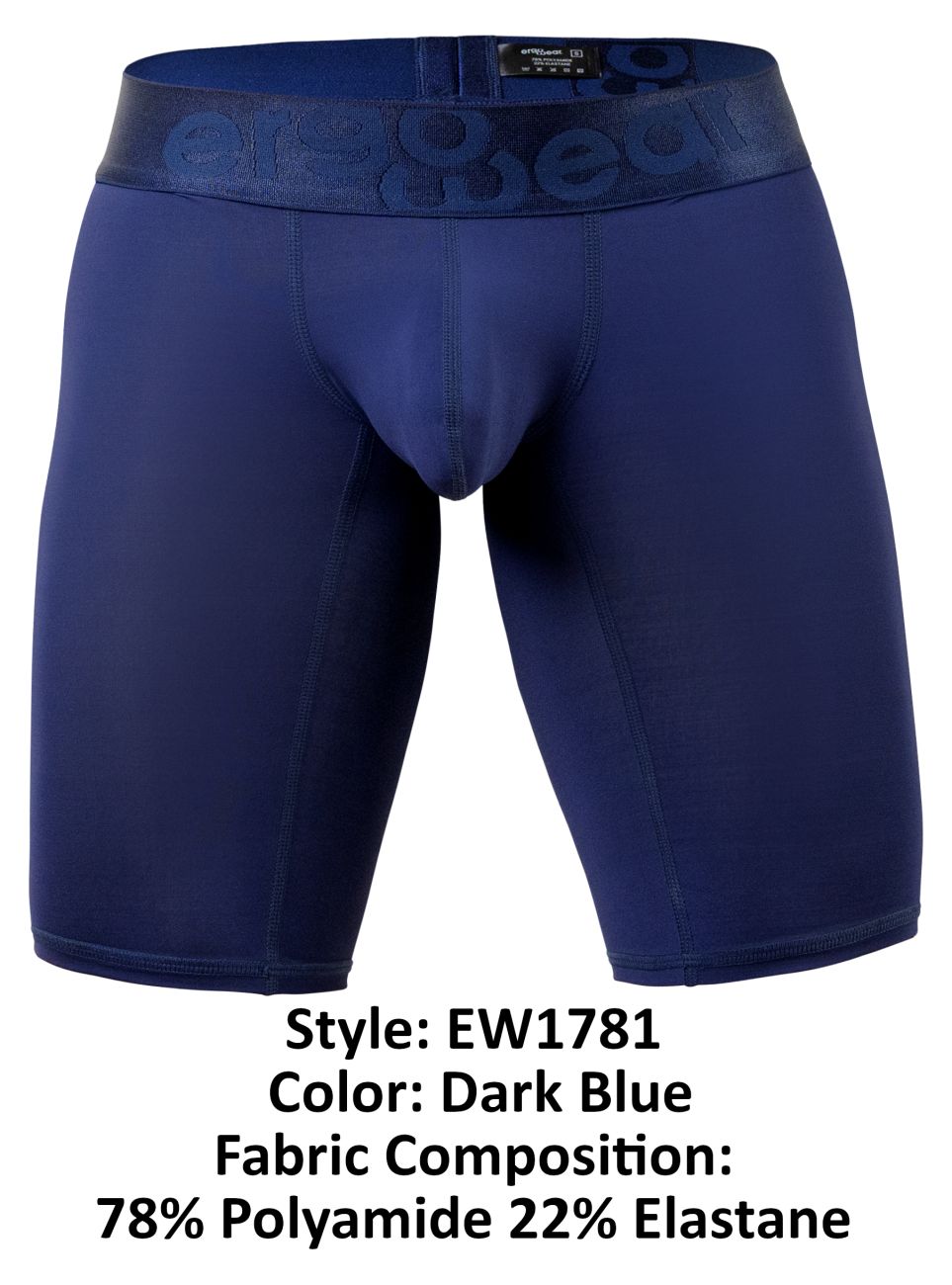 Dark blue ergoWear ew1781 max bold men’s boxer briefs with matching elastic waistband embossed begood branding