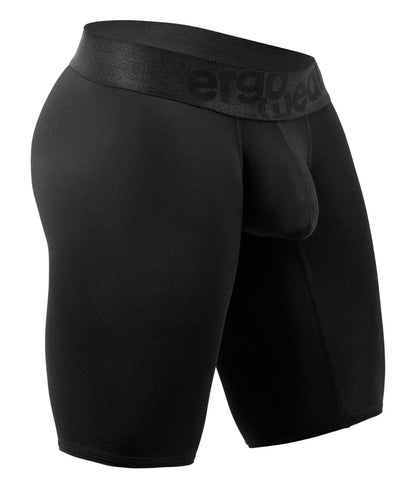 Black ergo ergonomic boxer briefs with textured waistband featuring ergo brand name for athletic use