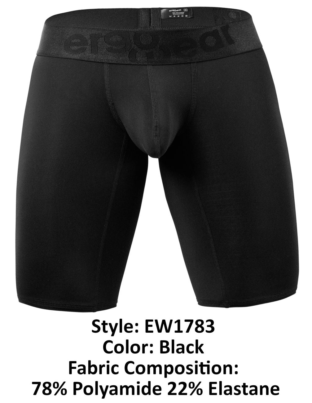 Black mens compression briefs with snug fit and elastic waistband featuring ergo branding in black color