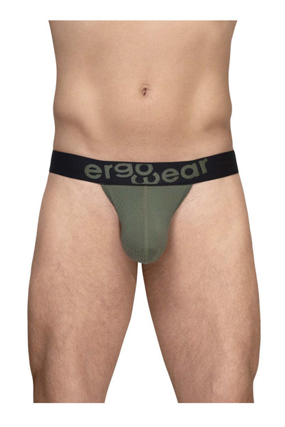 Olive green ergonomic briefs with black waistband and gray ergo wear logo designed for maximum airflow comfort